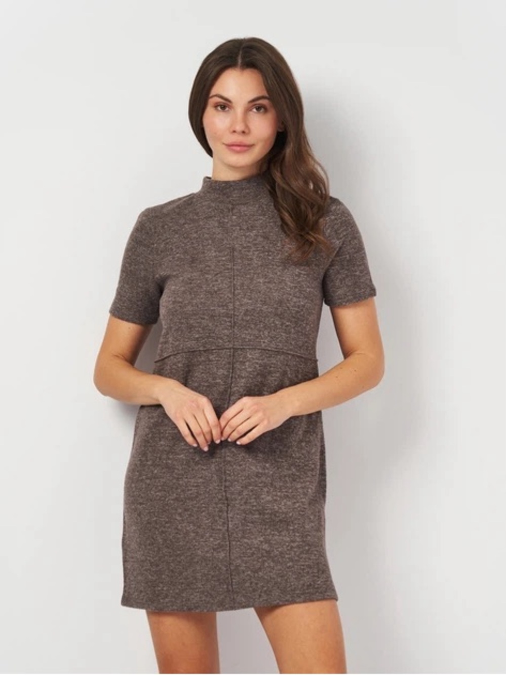 Zara 17” PTP Short Sleeve Mock Neck Knit Mini Dress, Brown/Beige, Size Medium.
